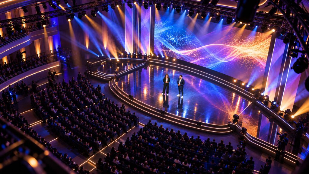 Blick von oben auf einen Saal mit Bühne, LED-Wand und Lichttraversen